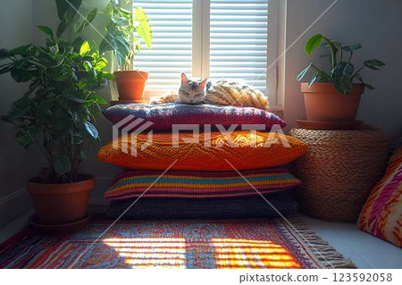 A cozy scene with a cat sleeping on a stack of colorful cushions by a window, surrounded by green houseplants A cozy scene with a cat sleeping on a stack of colorful cushions by a window, surrounded by green houseplants 123592058