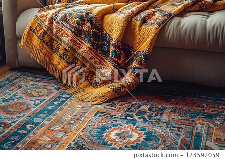 A close-up of a warm, woven throw blanket draped over a sofa with a matching patterned rug 123592059