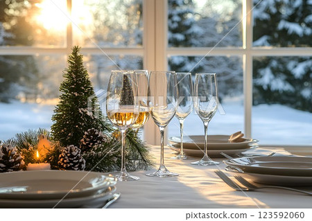 Festive winter dining table set with wine glasses, elegant white plates, candlelight, and a snowy outdoor view 123592060