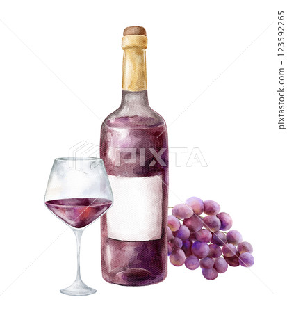 watercolor illustration wine bottle glass and grapes on white background, violet wine, bottle and bunch of grapes isolated on white, grape leaves, for menu, holidays, tasty drink and food, fun watercolor illustration wine bottle glass and grapes on white background, violet wine, bottle and bunch of grapes isolated on white, grape leaves, for menu, holidays, tasty drink and food, fun 123592265