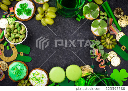 St. Patricks Day party food, green beer and shamrock St. Patricks Day party food, green beer and shamrock 123592388