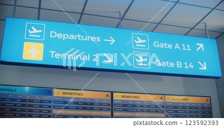Airport Terminal: Illuminated LED Sign Directing Passengers to Departures, Terminals, Gates Airport Terminal: Illuminated LED Sign Directing Passengers to Departures, Terminals, Gates 123592393