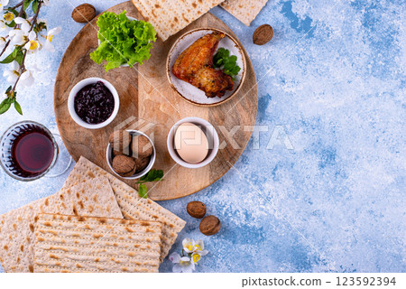 Traditional Passover Seder plate with symbolic foods. Symbolic of Jewish holiday Pesah. Traditional Passover Seder plate with symbolic foods. Symbolic of Jewish holiday Pesah. 123592394