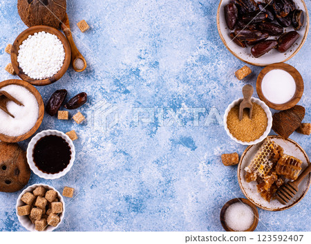 Various sugar replacement, healthy sweetener concept Various sugar replacement, healthy sweetener concept 123592407