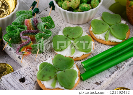 St. Patricks Day party food, green beer and shamrock 123592422