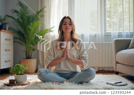 Woman Meditating Peacefully on a Rug Surrounded by Natural Light in a Cozy Indoor Space 123593244