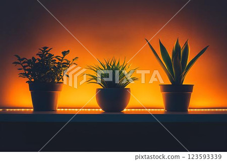 Three potted plants on a floating shelf illuminated by warm orange LED lights. A stylish and cozy home decor Three potted plants on a floating shelf illuminated by warm orange LED lights. A stylish and cozy home decor 123593339