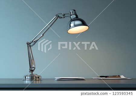 Chrome desk lamp lighting up a sleek and professional workspace with a dark-toned modern desk, neatly stacked papers Chrome desk lamp lighting up a sleek and professional workspace with a dark-toned modern desk, neatly stacked papers 123593345