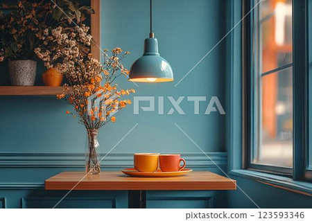 Cozy cafe table with two colorful coffee cups under a teal pendant lamp, featuring a warm ambiance with vase of flowers Cozy cafe table with two colorful coffee cups under a teal pendant lamp, featuring a warm ambiance with vase of flowers 123593346