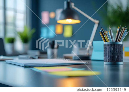 Minimalist office desk with a desk lamp, pencils, notebooks, and sticky notes in a bright and modern workspace Minimalist office desk with a desk lamp, pencils, notebooks, and sticky notes in a bright and modern workspace 123593349