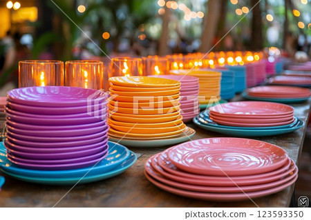 Festive outdoor dinner table with stacked colorful plates and candlelit ambiance for a celebration Festive outdoor dinner table with stacked colorful plates and candlelit ambiance for a celebration 123593350
