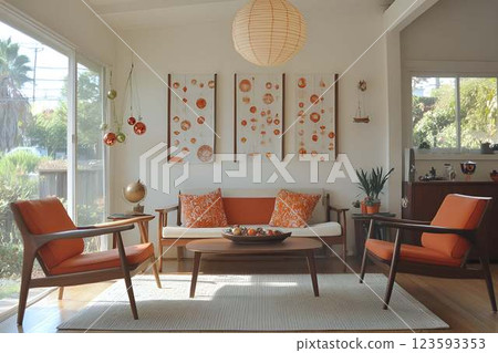 Mid-century modern living room with orange accents, vintage furniture, and a warm inviting atmosphere Mid-century modern living room with orange accents, vintage furniture, and a warm inviting atmosphere 123593353