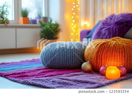 Cozy and colorful living room corner with knitted poufs, candles, and festive lights creating a warm ambiance Cozy and colorful living room corner with knitted poufs, candles, and festive lights creating a warm ambiance 123593354