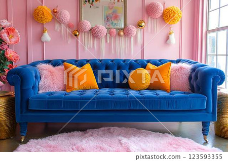 Vibrant and elegant living room with a royal blue tufted sofa, orange pillows, and pink decor for a bold contrast Vibrant and elegant living room with a royal blue tufted sofa, orange pillows, and pink decor for a bold contrast 123593355