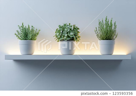 Minimalist white shelf with three potted green plants, illuminated by soft ambient lighting. A stylish home decor Minimalist white shelf with three potted green plants, illuminated by soft ambient lighting. A stylish home decor 123593356
