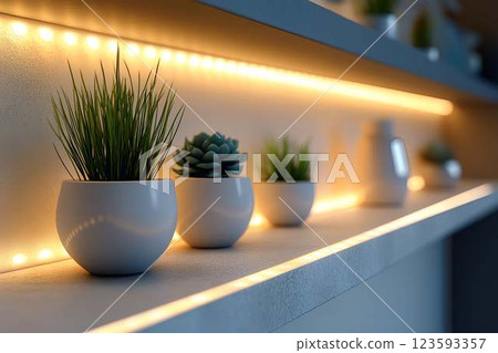 A modern white shelf with potted plants illuminated by LED strip lighting. A sleek, minimalist home decor A modern white shelf with potted plants illuminated by LED strip lighting. A sleek, minimalist home decor 123593357