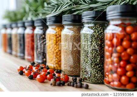 Spice jars and dried herbs on a wooden shelf in a kitchen 123593364