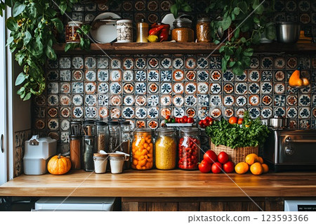 Cozy rustic kitchen with spices and fresh vegetables Cozy rustic kitchen with spices and fresh vegetables 123593366
