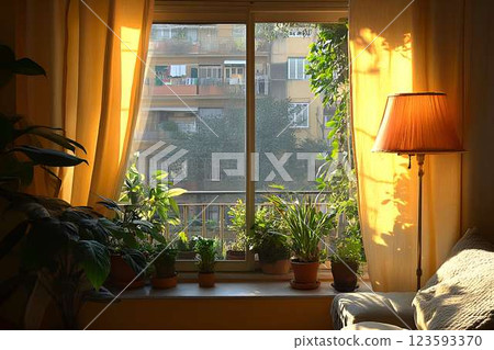 Sunny window with potted plants and warm curtains in a cozy home 123593370