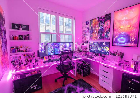 Creative home workspace with LED lighting and artistic elements Creative home workspace with LED lighting and artistic elements 123593371