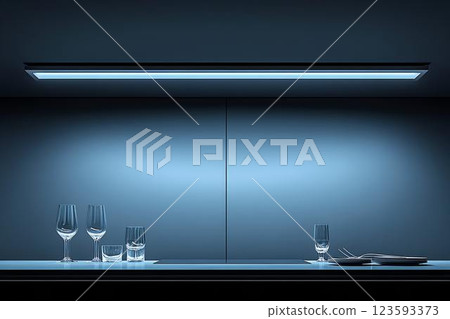 Minimalist modern table with wine glasses and plates under sleek artificial lighting, creating a futuristic ambiance Minimalist modern table with wine glasses and plates under sleek artificial lighting, creating a futuristic ambiance 123593373