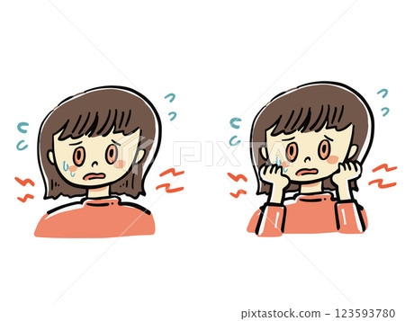 Bust-up illustration set of a woman confused by bloodshot eyes 123593780