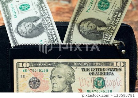 Handbag,clutch.Purse,wallet with money.Banknotes one two ten dollars Handbag,clutch.Purse,wallet with money.Banknotes one two ten dollars 123593791