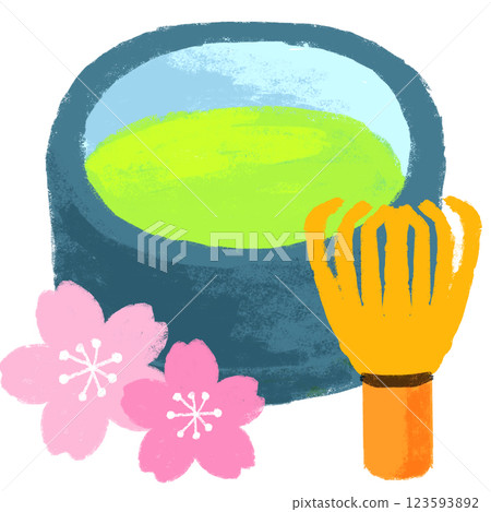Simple illustration, crayon touch, matcha and cherry blossoms 123593892