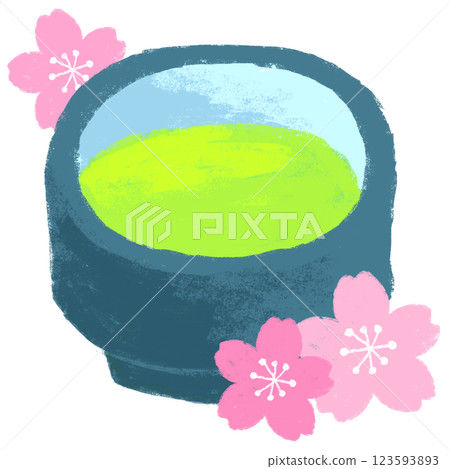 簡單的插圖、蠟筆觸感、抹茶和櫻花 123593893