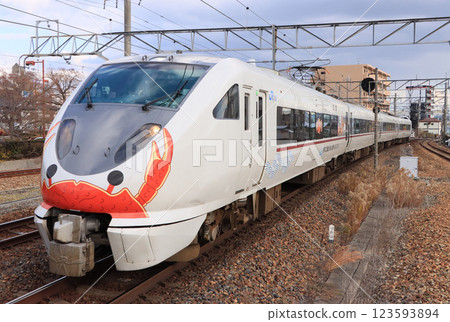 Crab-wrapped express train Stork 123593894