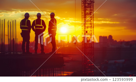 Industrial construction site at sunset. Three workers standing on steel beams 123593999