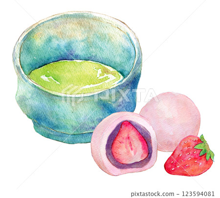 水彩插圖：抹茶和草莓大福套餐 123594081