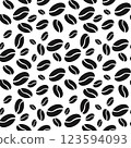 Seamless pattern of black coffee beans on a white background, wallpaper, packaging for coffeeshops and hot drink shops, Americano, cappuccino. 123594093