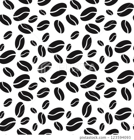 Seamless pattern of black coffee beans on a white background, wallpaper, packaging for coffeeshops and hot drink shops, Americano, cappuccino. 123594093