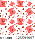 Seamless pattern of coffee cups with beans. Wallpaper, packaging for wrapping paper in coffeeshops and hot drink stores, stylish cappuccino Americano background. 123594097