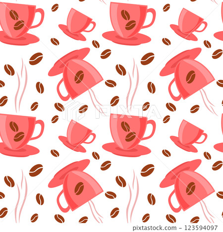 Seamless pattern of coffee cups with beans. Wallpaper, packaging for wrapping paper in coffeeshops and hot drink stores, stylish cappuccino Americano background. 123594097