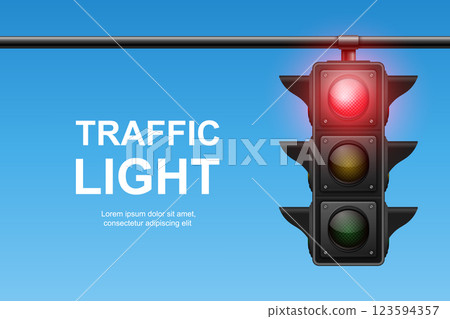 Vector Realistic Traffic Light with Red Light On. Pedestrian Signal in Focus. Traffic Light Illustration Against a Clear Blue Sky Background Vector Realistic Traffic Light with Red Light On. Pedestrian Signal in Focus. Traffic Light Illustration Against a Clear Blue Sky Background 123594357