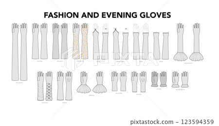 Set of Gloves - Fashion and Evening with names hand accessory clothing technical illustration garment. Vector for Men Set of Gloves - Fashion and Evening with names hand accessory clothing technical illustration garment. Vector for Men 123594359