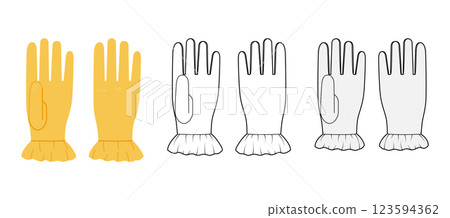 Set of Gloves With Ruffled Cuff yellow cartoon, mesh and sketch outline Fashion hand accessory clothing technical 123594362