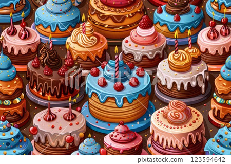 Colorful cakes with various toppings in vibrant setting. Neural network AI generated 123594642