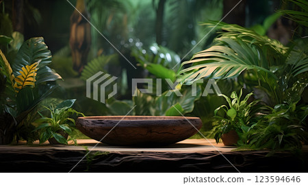 Wooden bowl amidst lush greenery in tropical jungle. Neural network AI generated 123594646
