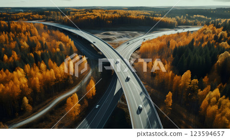 Serene autumn highway over forest. Neural network AI generated 123594657