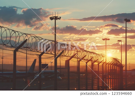 Razor barbed wire or concertina razor coil barrier security fence restricted security area in airport. Neural network ai generated Razor barbed wire or concertina razor coil barrier security fence restricted security area in airport. Neural network ai generated 123594660