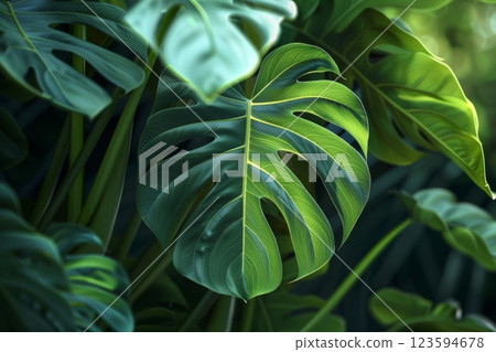 Monstera plant tropical green leaves greenery background. Neural network ai generated 123594678