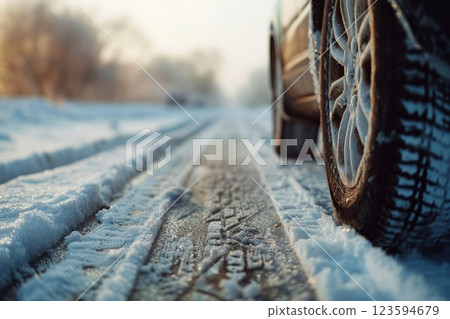 Car on snow-covered winter road at sunrise. Neural network AI generated 123594679