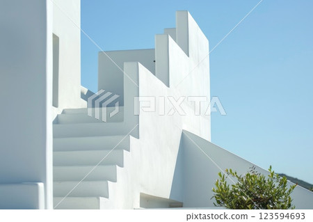 Minimal buildings background with traditional Greek style architecture. Low angle view of white houses against a blue clear summer sky. Neural network ai generated Minimal buildings background with traditional Greek style architecture. Low angle view of white houses against a blue clear summer sky. Neural network ai generated 123594693