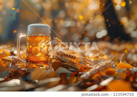 Glass of light beer on a forest floor leaves on an autumn day. Neural network ai generated 123594720