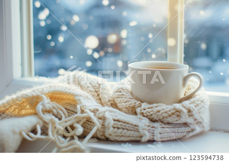 Cozy tea by frosted window with knit scarf. Neural network AI generated 123594738
