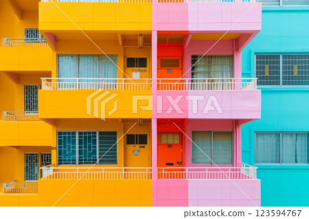 Fictional public housing project plan completed in bright pastel colors of modern art deco. Neural network ai generated 123594767