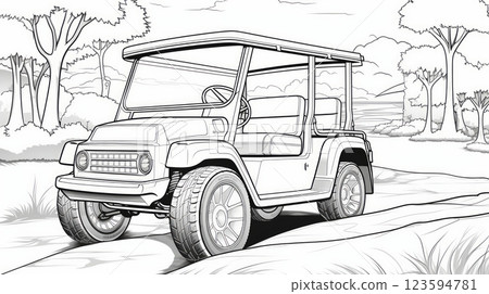 Black and white golf cart illustration on path. Neural network AI generated 123594781